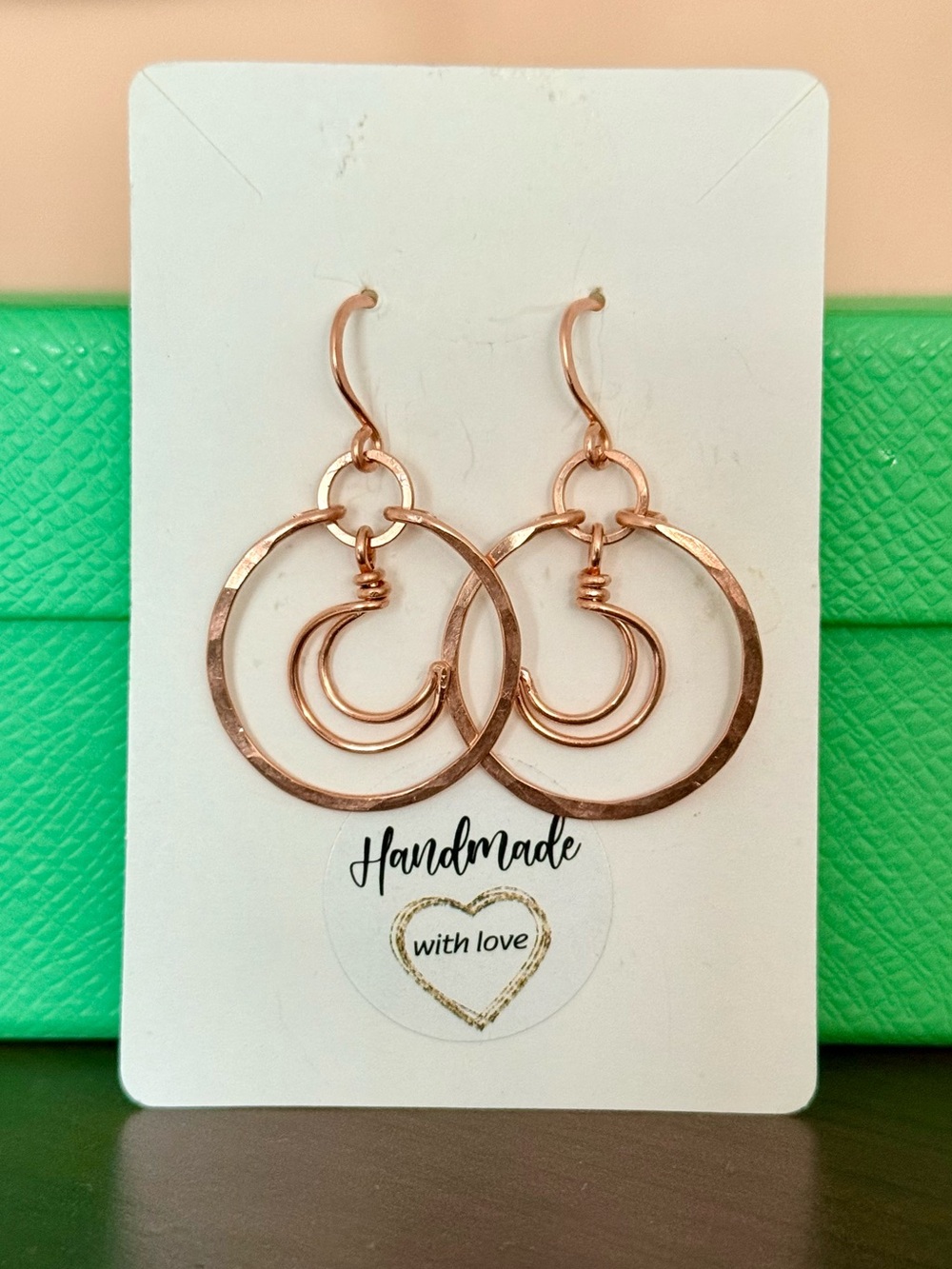 Artisan Hammered Copper Hoop Earrings with Crescent Moon Accents